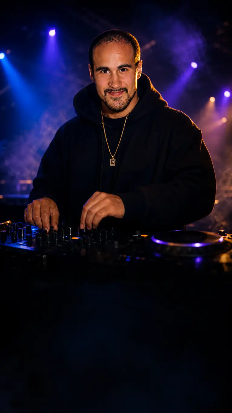 Deejay Tin'Ok behind the DJ deck under blue stage lights and haze - performing at a London club night