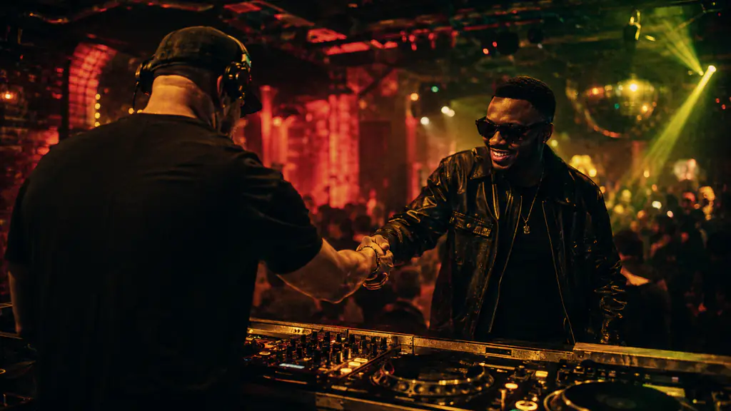Deejay Tin'Ok shaking hands with a booker at the DJ booth during a club night